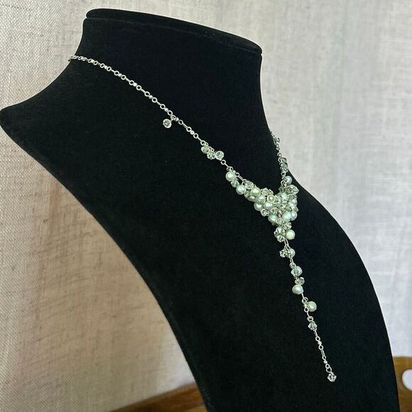 Vintage Sterling Silver, Pearl, and Glass Cluster Y Drop Necklace 16” + 4” Drop - Picture 4 of 5